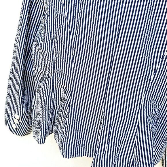 Sandro Navy Blue White Stripped Seersucker Long Sleeve Three Button Blazer - Picture 9 of 9